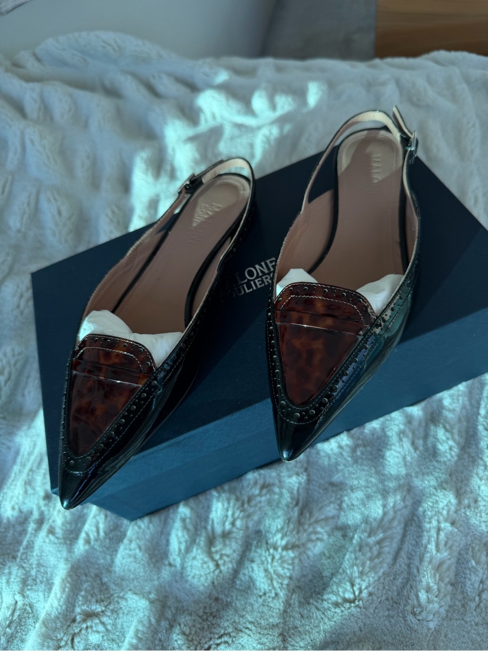 Malone Souliers Laurie black/brown pointed toe slingback strap flat